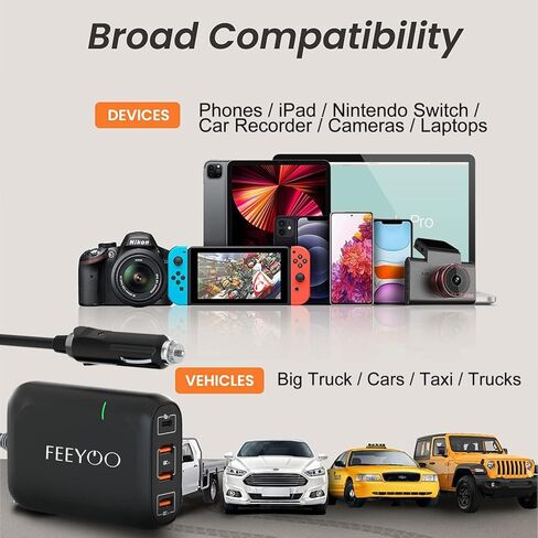 شاحن سيارة USB C سريع، محول شاحن سيارة FEEYOO 119 وات من النوع C، 4 منافذ QC 3.0 PD 3.0 محول شاحن هاتف سيارة سريع الشحن، متوافق مع أجهزة الكمبيوتر المحمول، Samsung، Android، iPhone، iPad، MacBook، Google Pixel in Kuwait