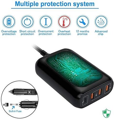 شاحن سيارة USB C سريع، محول شاحن سيارة FEEYOO 119 وات من النوع C، 4 منافذ QC 3.0 PD 3.0 محول شاحن هاتف سيارة سريع الشحن، متوافق مع أجهزة الكمبيوتر المحمول، Samsung، Android، iPhone، iPad، MacBook، Google Pixel in Kuwait