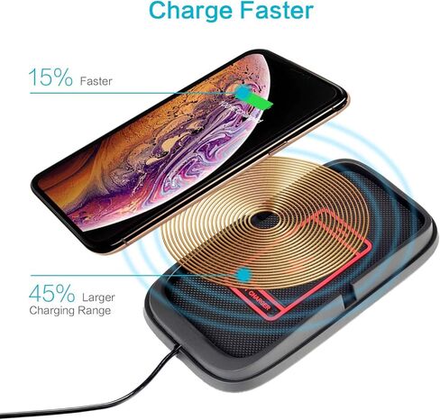 شاحن سيارة لاسلكي، JE Make IT Simple 10 واط قاعدة شحن للهاتف الخلوي حامل لوحة شحن لاسلكي غير قابل للانزلاق لهاتف iPhone 15/14/13/12 Pro Max، Samsung S23/22/S21/S10 (كابل 55 بوصة)، أسود in Kuwait