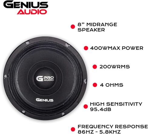 جينيس مكبر صوت متوسط المدى GPRO-M158 8 انش 400 واط بحد اقصى 200 واط ار ام اس عالي الطاقة مع سلة من الالومنيوم للسيارة مغناطيس فريت 4 اوم ورق مقوى مخروطي (1 مكبر صوت) in Kuwait