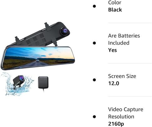 كاميرا قياس مرآة Kingslim DL12 Pro 4K، كاميرا رؤية أمامية وخلفية مقاس 12 بوصة للسيارات مع مستشعر سوني مزدوج، نظام تحديد المواقع العالمي (GPS)، رؤية ليلية فائقة، كاميرا احتياطية ومساعد ركن السيارة، أسود in Kuwait