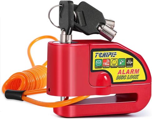 Tchipie قرص الفرامل قفل إنذار دراجة نارية مع صوت إنذار 110 ديسيبل، قفل قرص عجلة الأمان لمنع السرقة لدوار الفرامل 7 مم، شديد التحمل مع كابل تذكير بطول 5 أقدام للدراجات النارية in Kuwait