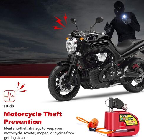 Tchipie قرص الفرامل قفل إنذار دراجة نارية مع صوت إنذار 110 ديسيبل، قفل قرص عجلة الأمان لمنع السرقة لدوار الفرامل 7 مم، شديد التحمل مع كابل تذكير بطول 5 أقدام للدراجات النارية in Kuwait