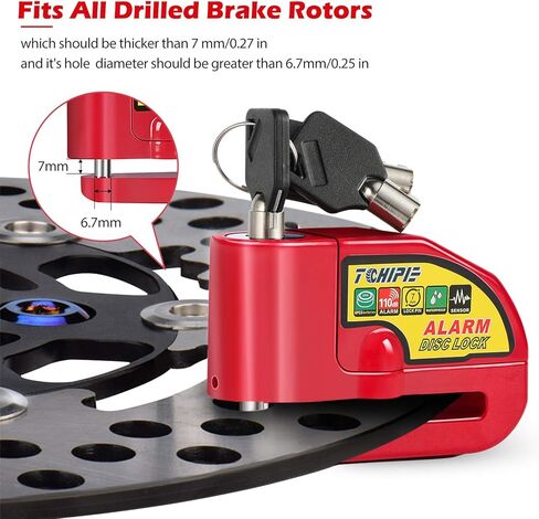 Tchipie قرص الفرامل قفل إنذار دراجة نارية مع صوت إنذار 110 ديسيبل، قفل قرص عجلة الأمان لمنع السرقة لدوار الفرامل 7 مم، شديد التحمل مع كابل تذكير بطول 5 أقدام للدراجات النارية in Kuwait