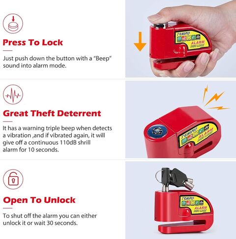 Tchipie قرص الفرامل قفل إنذار دراجة نارية مع صوت إنذار 110 ديسيبل، قفل قرص عجلة الأمان لمنع السرقة لدوار الفرامل 7 مم، شديد التحمل مع كابل تذكير بطول 5 أقدام للدراجات النارية in Kuwait