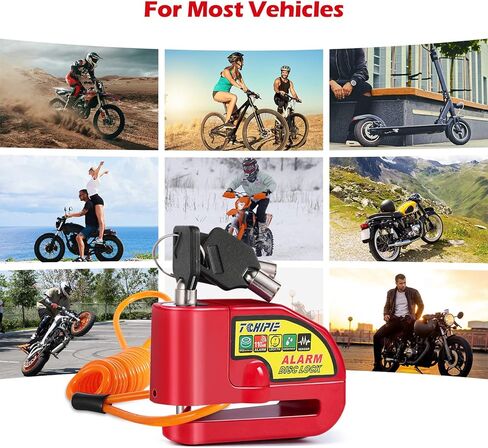 Tchipie قرص الفرامل قفل إنذار دراجة نارية مع صوت إنذار 110 ديسيبل، قفل قرص عجلة الأمان لمنع السرقة لدوار الفرامل 7 مم، شديد التحمل مع كابل تذكير بطول 5 أقدام للدراجات النارية in Kuwait