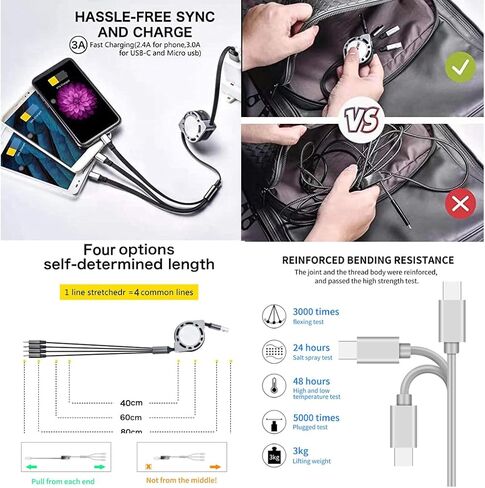2 حزمة كابل شاحن USB متعدد قابل للسحب 3 في 1 محول سلك شحن متعدد مع موصلات منفذ USB صغير من النوع C المتوافقة مع الهواتف المحمولة in Kuwait