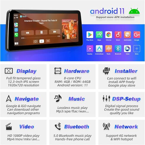 SizxNanv 12.3 Inch Android 11 Radio Compatible with Wireless Carplay Android Auto Navigation GPS WiFi 8 Core 4GB RAM 64GB ROM 1920X720 Touchscreen Head Unit for BMW 3/5 Series E60 E63 E64 E90 E92 CCC in Kuwait