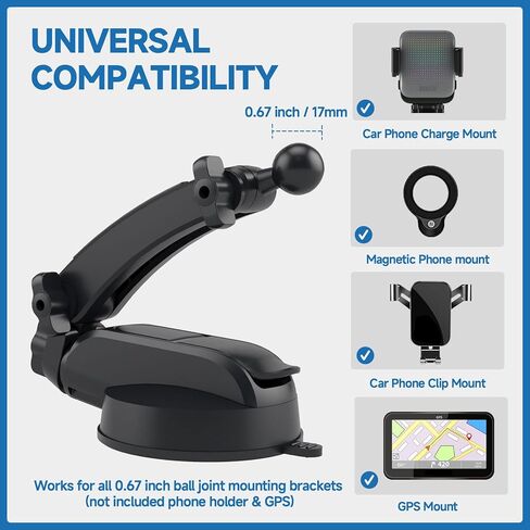 DOKOJU 𝟐𝟎𝟐𝟑 𝐍𝐞𝐰 قاعدة تثبيت على شكل كأس شفط - ذراع مشبك يدور بحرية 360 درجة، وصلة كروية عالمية 0.67 بوصة مع قرص وسادة لاصق لاصق، حامل هاتف السيارة للوحة القيادة/الزجاج الأمامي/نظام تحديد المواقع/الطاولة in Kuwait