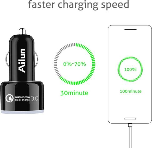 شاحن سيارة Ailun Qualcomm Quick Charge 3.0 محول سريع مزدوج USB منفذ 35 وات لهاتف iPhone 14 13 11 12 Pro Max X Xs XR SE 2020 Galaxy s20+ S20Ultra، أسود أزرق in Kuwait