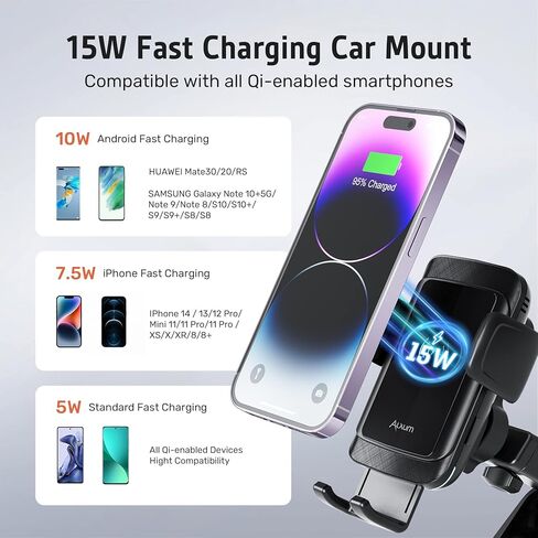 الكسوم حامل شاحن سيارة لاسلكي مع حساس كهرومغناطيسي، 15 واط كيو اي سمارت اوتوماتيك للسيارة شاحن لاسلكي لفتحة التهوية والتابلوه والمزيد in Kuwait