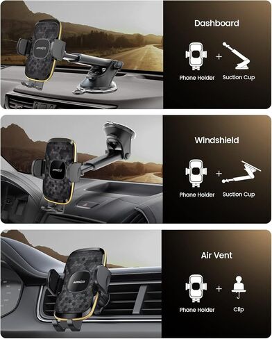 APPS2Car حامل الهاتف للسيارة للوحة القيادة / الزجاج الأمامي/التهوية [أسرع وأمان] حامل هاتف سيارة عالمي مع قاعدة تثبيت قوية وسراع طويل، متوافق مع آيفون 12/12 برو ماكس، 11، سامسونج، إلخ. أسود in Kuwait
