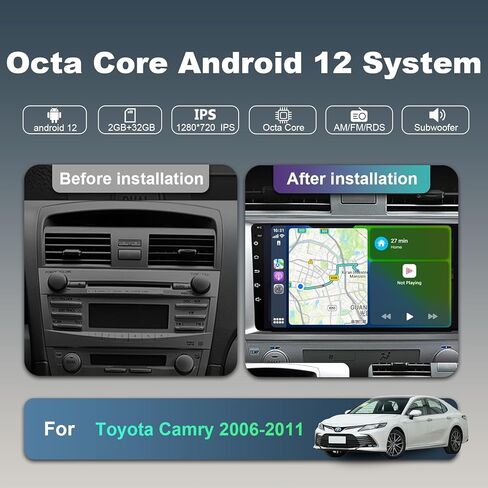 ستيريو راديو السيارة Android لسيارة Toyota Camry 2006 2007 2008 2009 2010 2011 مع CarPlay اللاسلكي/Android Auto، راديو السيارة بشاشة لمس عالية الدقة 8 كور مع كاميرا احتياطية AM/FM/RDS واي فاي in Kuwait