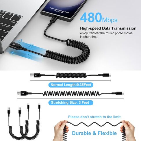كابل USB A إلى USB C شحن سريع شاحن Android نوع C سلك ملفوف قابل للسحب تلقائيًا 3FT لهاتف Samsung Galaxy A54 A14 5G A23 A24 A34 S23 S22 S21 S20 A03S A12 A13 A53 A32 A42 Z Fold 5 Flip5، Pixel 8 7 6 in Kuwait