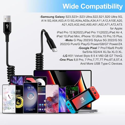 كابل USB A إلى USB C شحن سريع شاحن Android نوع C سلك ملفوف قابل للسحب تلقائيًا 3FT لهاتف Samsung Galaxy A54 A14 5G A23 A24 A34 S23 S22 S21 S20 A03S A12 A13 A53 A32 A42 Z Fold 5 Flip5، Pixel 8 7 6 in Kuwait