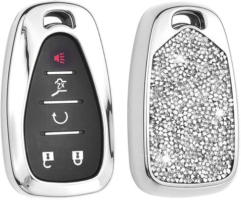 Royalfox 3 4 5 6 Buttons 3D Bling Diamond Rhinestones Girly Smart Remote Key Fob Case Cover for 2016 2017 2018 2019 2020 2021 2022 Chevy Chevrolet Malibu Camaro Cruze Traverse (Silver) in Kuwait