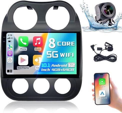 Car Stereo for Jeep Compass Patriot 2010-2016, (4+64) Android 12 5G WiFi 8 Core IPS Touch Screen Head Unit with Wireless Apple Carplay Android Auto 48EQ Bluetooth WiFi MirrorLink SWC Backup Camera in Kuwait