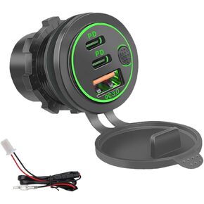 3 Ports 18W USB Car Charger with Switch, 12-24V QC 3.0 USB & Dual PD USB C Cigarette Lighter Socket Outlet, Dashboard Mount Quick Charge Charger for Car Motorcycle Truck Marine Boat (Blue) in Kuwait