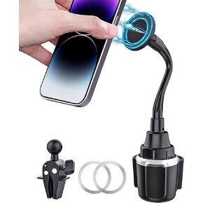 Cup Phone Holder for Car, Magnetic – Compatible with MagSafe, Secure Magnetic Mount, Stability-Enhanced Expandable Base, Flexible Reinforced Gooseneck, Works with iPhone, Galaxy, Pixel [Not Charger] in Saudi Arabia