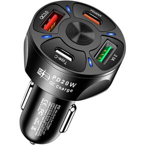 شاحن سيارة بـ 4 منافذ USB C مع ضوء LED، شحن سريع مع نوع C/PD 20W/QC 3.0 محول ولاعة سجائر للسيارة سريع الشحن لهاتف iPhone 14 13 12 S22 S21 S20 iPad Pro والمزيد من السيارات (أسود)