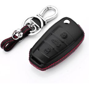 M.JVisun حافظة من ألياف الكربون والمطاط السيليكون الناعم لسيارة Audi Flip Car Remote Key Fob لـ Audi A1 A3 A4 A6 A8 Quattro Q2 Q3 Q7 R8 RS3 RS6 S3 S6 TT TTS مفتاح بعيد - أسود - سلسلة مفاتيح منسوجة