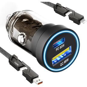 USB C Car Charger, 121W [PD55W & QC66W] Cigarette Lighter USB Car Charger Adapter Fast Charging 2 Ports Car Phone Charger for iPhone 15 Pro Max 14 Samsung Galaxy S24/23 Google Pixel LG iPad MacBook