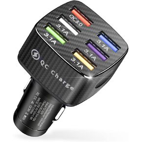 شاحن USB للسيارة، محول شاحن سيارة سريع QC 3.0 مع 5 منافذ، متوافق مع iPhone 13/Pro/Pro Max، 12، 11، iPad، الكاميرا، سامسونج، محول سيارة ولاعة السجائر لمعظم السيارات (أزرق/قطعة واحدة)