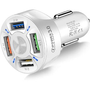 Amiss QC3.0 Car Charger Adapter, 4 Ports USB Car Charger, Fast Charging Electronic Devices with USB Interface, Car Interior Accessories, Compatible with Apple, Android - Black