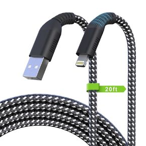 سلك شاحن iPhone طويل، كابل لايتنينج 20FT/6M [معتمد من Apple MFi] كابل مزامنة شحن سريع مجدول من النايلون 2.4 أمبير، كابل شحن USB A لهاتف iPhone14 13 12 11 Pro Max Mini XR XS X 8 7 6 Plus SE Pad