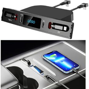 Car USB Charger Multi Port for 2021-2023 Tesla Model 3/Y,Multifunctional Tesla Accessories with Logo and Retractable Cable,Tesla USB hub 100% Fit Center Console Adapter,Gifts for Tesla Owners in Kuwait