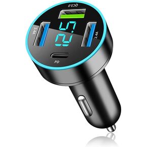 4 Ports Fast Car Charger,[Upgrade Voltmeter Display] PD+QC3.0 Car Charger Adapter for 12-24V Cigarette Lighter Plug,Car Phone Charger Compatible with iPhone/Android/Samsung/iPad(QC3.0+PD+2.4A+2.4A)