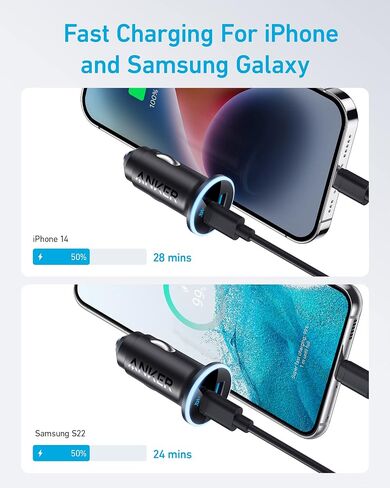محول شاحن سيارة USB C (52.5 واط)، شاحن هاتف سيارة صغير الحجم Anker 323 مع شاحن USB C 33 واط، شاحن Anker 323، شاحن مدمج بمنفذين مع شاحن 45 واط in Saudi Arabia