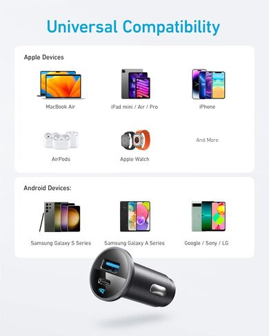 محول شاحن سيارة USB C (52.5 واط)، شاحن هاتف سيارة صغير الحجم Anker 323 مع شاحن USB C 33 واط، شاحن Anker 323، شاحن مدمج بمنفذين مع شاحن 45 واط in Saudi Arabia