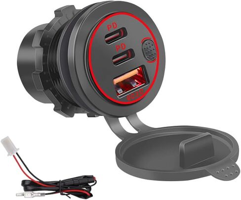 شاحن سيارة Kework 3 منافذ 18 وات USB مع مفتاح، 12 فولت - 24 فولت QC 3.0 USB ومقبس ولاعة سجائر USB مزدوج PD USB C، شاحن شحن سريع مقاوم للماء على لوحة القيادة لسيارة دراجة نارية شاحنة قارب بحري (أخضر) in Kuwait