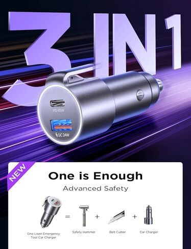 LISEN PD45W&QC24W Car Charger Adapter Fast Charging, 3 in 1 Super Fast Charging Adapter Metal Window Breaker Seatbelt Cutter for iPhone 15 14 Pro Max Plus Samsung S23/22 Pixel in Kuwait
