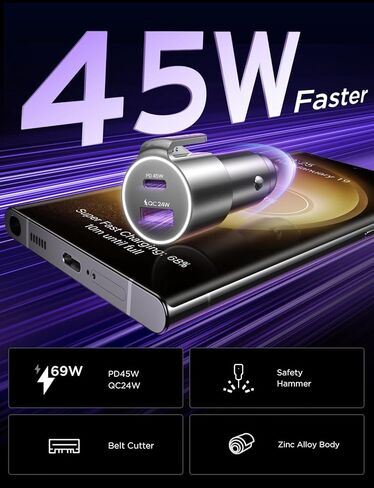 LISEN PD45W&QC24W Car Charger Adapter Fast Charging, 3 in 1 Super Fast Charging Adapter Metal Window Breaker Seatbelt Cutter for iPhone 15 14 Pro Max Plus Samsung S23/22 Pixel in Kuwait
