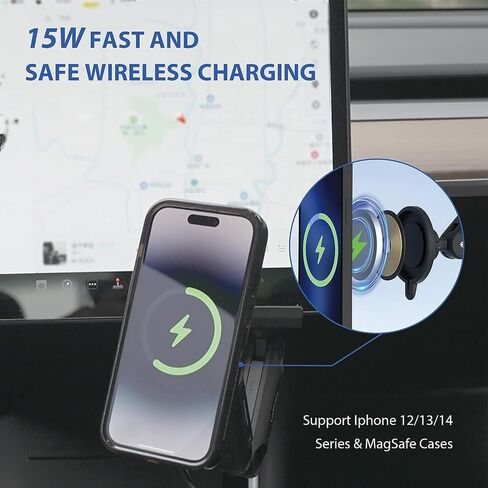 MEHIDFY Magnetic Wireless Car Charger Mount for Tesla Model 3/Y, 15W Fast Charging Magnetic Phone Holder, Strong Magnetic Phone Holder, Compatible with MagSafe Case and iPhone 12/13/14 (2 Arms) in Saudi Arabia