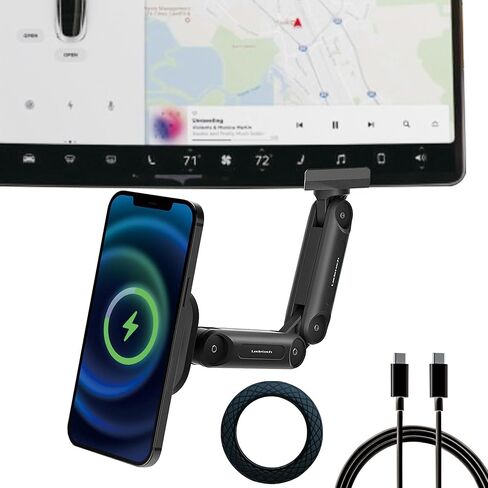 حامل شاحن سيارة لاسلكي مغناطيسي من MEHIDFY لطراز Tesla 3/Y، حامل هاتف مغناطيسي للشحن السريع 15 وات، حامل هاتف مغناطيسي قوي، متوافق مع حافظة MagSafe وiPhone 12/13/14 (ذراعين) in Kuwait