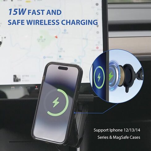 حامل شاحن سيارة لاسلكي مغناطيسي من MEHIDFY لطراز Tesla 3/Y، حامل هاتف مغناطيسي للشحن السريع 15 وات، حامل هاتف مغناطيسي قوي، متوافق مع حافظة MagSafe وiPhone 12/13/14 (ذراعين) in Kuwait