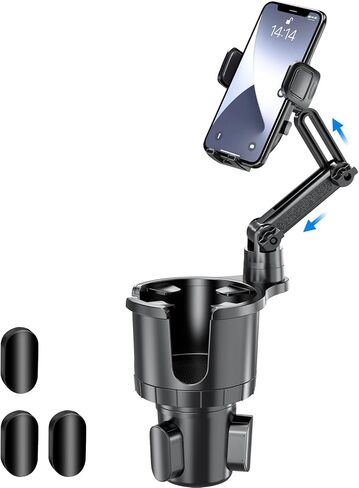 حامل اكواب للسيارة مع حامل جوال 2 في 1 قابل للتعديل مع ذراع ميكانيكي دوار 360 درجة يناسب جميع الهواتف الذكية، محول حامل اكواب عالمي يحمل ما يصل الى 17-40 اونصة in Kuwait