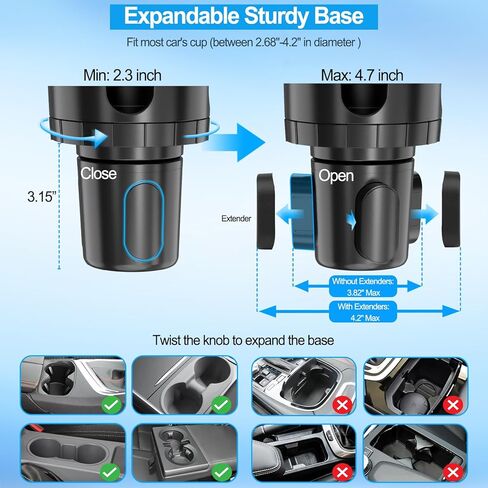 حامل اكواب للسيارة مع حامل جوال 2 في 1 قابل للتعديل مع ذراع ميكانيكي دوار 360 درجة يناسب جميع الهواتف الذكية، محول حامل اكواب عالمي يحمل ما يصل الى 17-40 اونصة in Kuwait