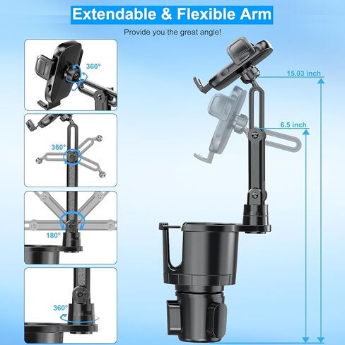 حامل اكواب للسيارة مع حامل جوال 2 في 1 قابل للتعديل مع ذراع ميكانيكي دوار 360 درجة يناسب جميع الهواتف الذكية، محول حامل اكواب عالمي يحمل ما يصل الى 17-40 اونصة in Kuwait