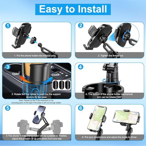 حامل اكواب للسيارة مع حامل جوال 2 في 1 قابل للتعديل مع ذراع ميكانيكي دوار 360 درجة يناسب جميع الهواتف الذكية، محول حامل اكواب عالمي يحمل ما يصل الى 17-40 اونصة in Kuwait