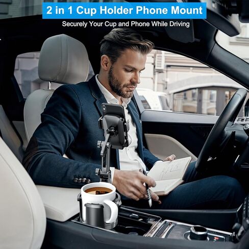 حامل اكواب للسيارة مع حامل جوال 2 في 1 قابل للتعديل مع ذراع ميكانيكي دوار 360 درجة يناسب جميع الهواتف الذكية، محول حامل اكواب عالمي يحمل ما يصل الى 17-40 اونصة in Kuwait