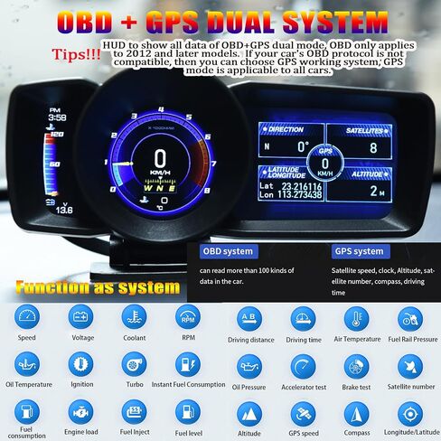 obd2 سيارة hud سيارة رئيس يصل العرض مقياس متعدد الوظائف مع obd2 + gps نظام مزدوج الرقمية LCD gps رؤساء يصل عرض لوحة القيادة الكمبيوتر الذكية عداد السرعة لجميع المركبات السيارات شاحنة in Kuwait