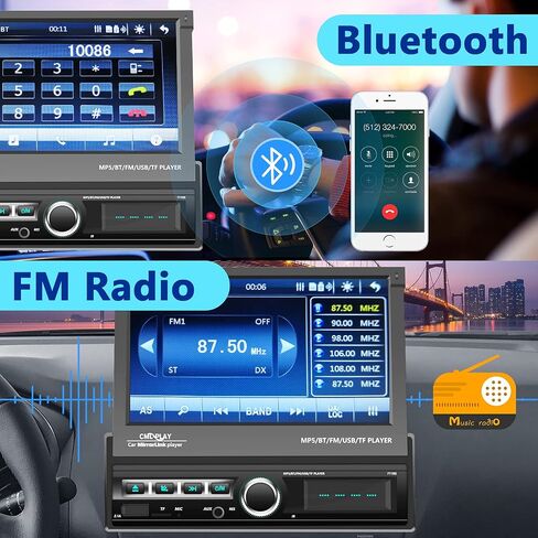 Podofo Single Din Touchscreen Car Stereo 7 Inch Motorized Flip Out Screen Car Radio in Dash Head Unit Support Bluetooth FM AUX USB SD Mirror Link with Backup Camera in Saudi Arabia