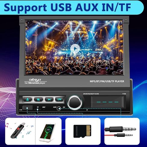 Podofo Single Din Touchscreen Car Stereo 7 Inch Motorized Flip Out Screen Car Radio in Dash Head Unit Support Bluetooth FM AUX USB SD Mirror Link with Backup Camera in Saudi Arabia