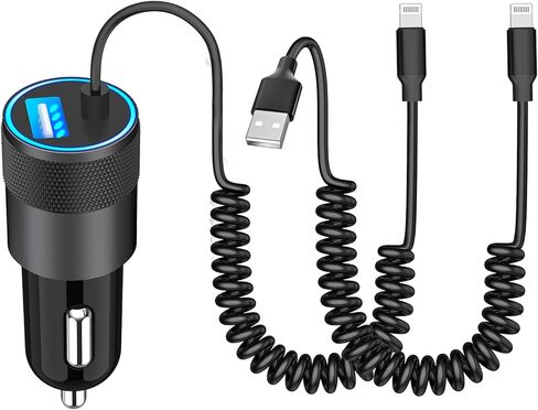 [معتمد من Apple MFi] شاحن سيارة iPhone سريع، ترقية 4.8A/24W محول شاحن سيارة مدمج 2 حزمة كابل Lightning ملفوف قابل للسحب 6FT لهاتف iPhone14/13/12/11 Pro Max/XS MAX/XR/XS/X/8/7P / آي باد / إيربودز in Kuwait