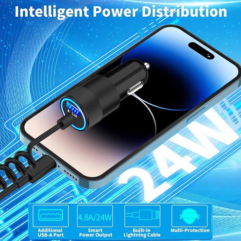 [معتمد من Apple MFi] شاحن سيارة iPhone سريع، ترقية 4.8A/24W محول شاحن سيارة مدمج 2 حزمة كابل Lightning ملفوف قابل للسحب 6FT لهاتف iPhone14/13/12/11 Pro Max/XS MAX/XR/XS/X/8/7P / آي باد / إيربودز in Kuwait