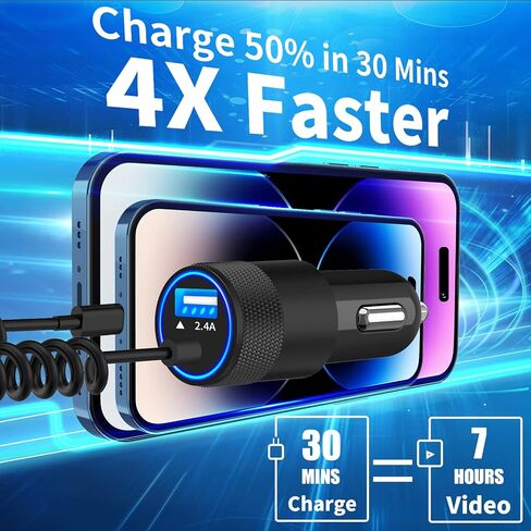 [معتمد من Apple MFi] شاحن سيارة iPhone سريع، ترقية 4.8A/24W محول شاحن سيارة مدمج 2 حزمة كابل Lightning ملفوف قابل للسحب 6FT لهاتف iPhone14/13/12/11 Pro Max/XS MAX/XR/XS/X/8/7P / آي باد / إيربودز in Kuwait